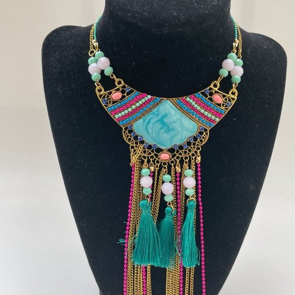 Women Necklace Statement Blue Turqouise/Gold Tone Fashion Jewrlry New - Picture 2 of 11